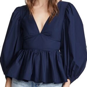 STAUD Navy Blue Puff Sleeve Luna Blouse